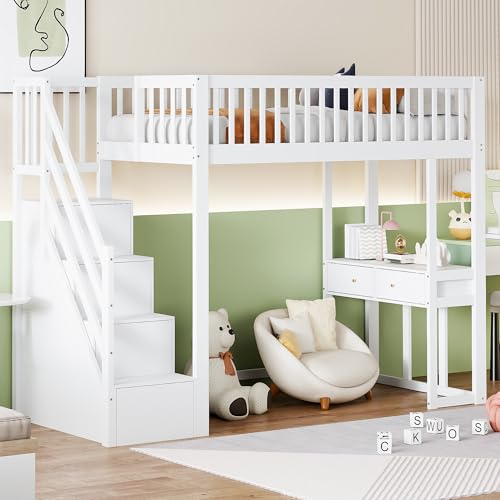 ANIROY 90x200cm Hochbett mit Multifunktionstisch & Aufbewahrungstreppe, Multifunktional Kiefernholz Kinderbett Einzelbett Jugendbett Bettgestell für Kinder und Jugendliche, ohne Matratze (Weiß) von ANIROY