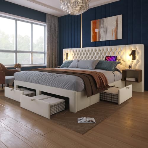 ANIROY Bettanlage Schlafzimmer Komplett Set, Polsterbett, Doppelbett mit 2 Nachttischen und 4 Schubladen, Kopfteil mit USB Ladefunktion, Samt (Beige A, 160 x 200) von ANIROY
