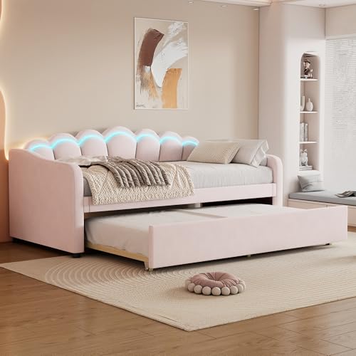 ANIROY Daybett, Tagesbett mit Ausziehbarem Bett, Schlafsofa, Einzelbett, Farbwechselndes Umgebungs LED, Fernbedienung, Minimalistisches Styling, Samt, 90x200cm, (Ohne Matratze) (Rosa) von ANIROY