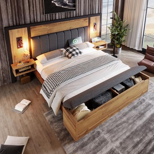 ANIROY Doppelbett, Polsterbett, Bettanlage mit Lese-LED und USB C Nachttisch und Sitzbank mit Stauraum, Bettgestell mit Lattenrost aus Metall, Holz und Leinen, Eiche (Eiche A, 180 x 200) von ANIROY