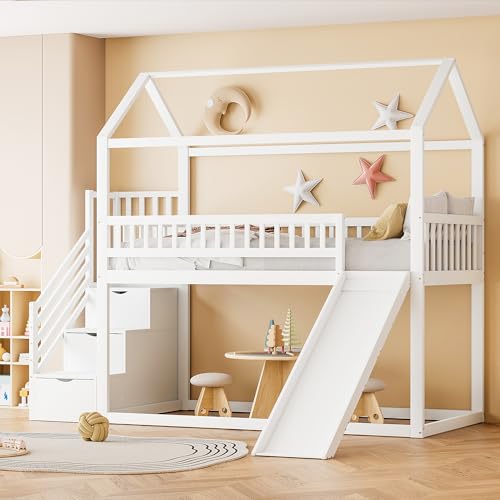 ANIROY Etagenbett Kinderbett 90x200cm, Hochbett mit Rutsche & Stauraumleiter & Geländer, Massivholzbettrahmen Bettgestell mit Lattenrost, ohne Matratze (Weiß) von ANIROY