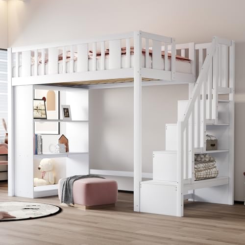 ANIROY Hochbett 90x200cm, Kinderbett mit Stauraumtreppe & Stauraum, Multifunktionsbett Holzbett Funktionsbett Jugendbett Bettgestell mit Lattenrost, ohne Matratze (Weiß) von ANIROY