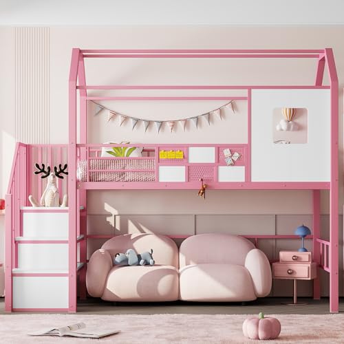ANIROY Hochbett aus Metall 90x200cm, Kinderbett Einzelbett mit Dach & Stauraumtreppe, Stauraumbett Metallrahmen Bettgestell mit Lattenrost, ohne Matratze, Rosa ANIROY Hochbett aus Metall 90x200cm, Kinderbett Einzelbett mit Dach & Stauraumtreppe, Stauraumbett Metallrahmen Bettgestell mit Lattenrost, ohne Matratze, Rosa von ANIROY