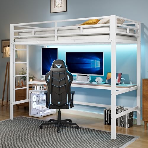 ANIROY Hochbett für Kinder 90x200cm mit Lerntisch & Treppe &Geländer, Metallbett Eisenbett mit LED und USB, ohne Matratze (Weiß) von ANIROY