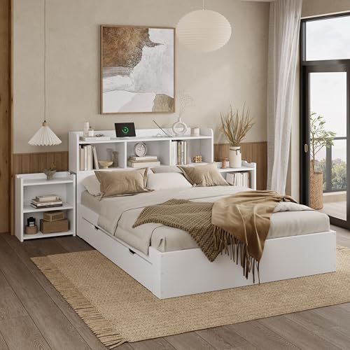 ANIROY Holzbett 140x200cm, Doppelbett mit Handyladefunktion, 2 Ausziehbaren Nachttischen und Schubladen, Kinderbett Bettgestell mit Lattenrost und Kopfteil, Weiß von ANIROY