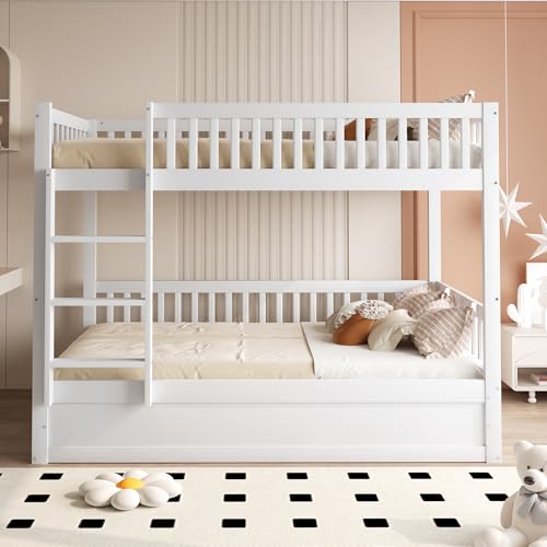 ANIROY Kinder-Etagenbett 90x200cm, Hydraulisches Stauraumbett, Funktional Massivholz Kinderbett Bettgestell mit Lattenrost, ohne Matratze (Weiß) von ANIROY