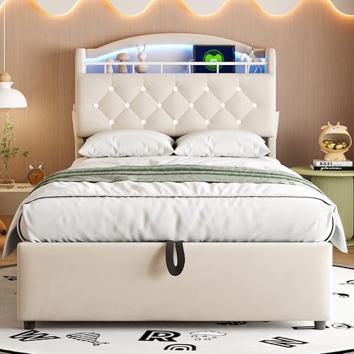 ANIROY Kinder Polsterbett 90x200cm, Samt Einzelbett mit LED und USB, Stauraumbett, Multifunktionsbett Bettgestell mit Stauraum (Beige) von ANIROY