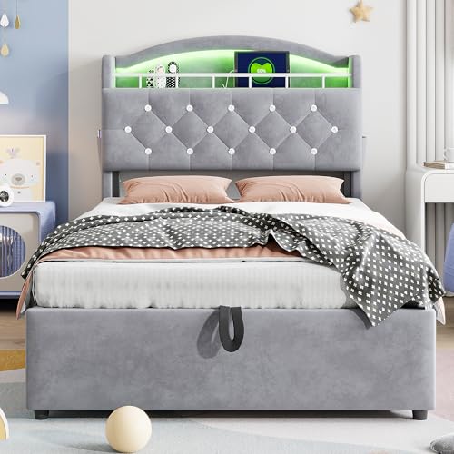 ANIROY Kinder Polsterbett 90x200cm, Samt Einzelbett mit LED und USB, Stauraumbett, Multifunktionsbett Bettgestell mit Stauraum (Grau) von ANIROY