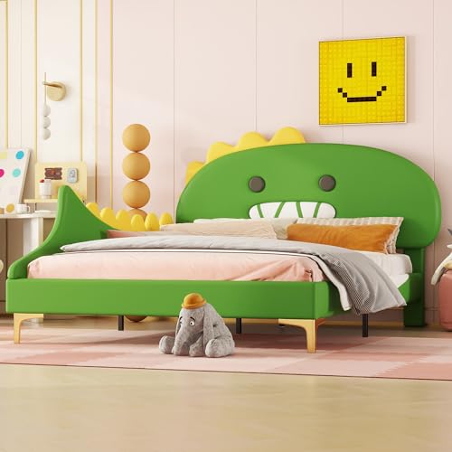 ANIROY Kinderbett, Cartoon Dinosaurier Form, Flachbett, Juniorbett, PU Material (Grün, 140 * 200cm) von ANIROY