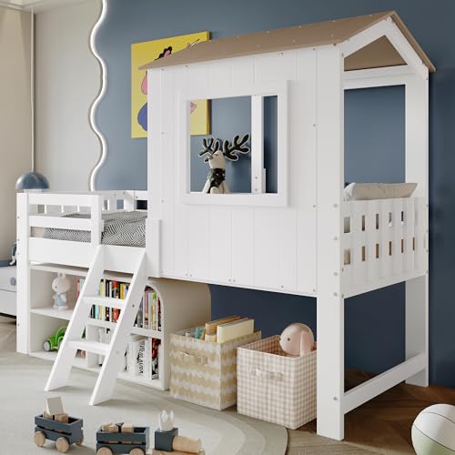ANIROY Kinderbett 90x200cm, Halbhohes Bett mit Zaun & Treppe & Stauraum, Hausbett mit Dach und Fenster, Stauraumbett, Kiefer, ohne Matratze, Weiß ANIROY Kinderbett 90x200cm, Halbhohes Bett mit Zaun & Treppe & Stauraum, Hausbett mit Dach und Fenster, Stauraumbett, Kiefer, ohne Matratze, Weiß von ANIROY