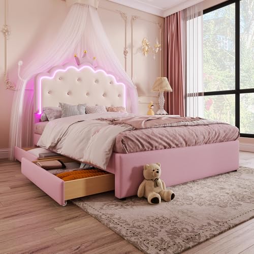 ANIROY Kinderbett Polsterbett 140x200cm mit Ausziehbett & LED & 2 Schubladen & Lattenrost, Prinzessinnenbett Doppelbett mit Kronen-Kopfteil, Bettgestell für Mädchen, PU, ohne Matratze (Rosa C) von ANIROY