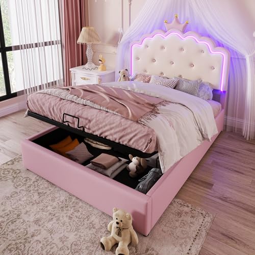 ANIROY Kinderbett Polsterbett 140x200cm mit LED und Lattenrost, Prinzessinnenbett Doppelbett mit Kronen-Kopfteil, Hydraulischer Stauraumbett, Bettgestell für Mädchen, PU, ohne Matratze (Rosa B) von ANIROY