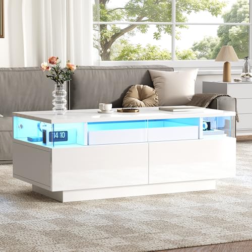 ANIROY LED Hochglanz-Couchtisch mit 2 Schubladen für Wohnzimmer, Couchtisch Sofatisch mit Tablett, Rechteckig Kaffeetisch Beistelltisch aus gehärtetem Glas, 90 x 45 x 35.5 cm (Weiß) von ANIROY