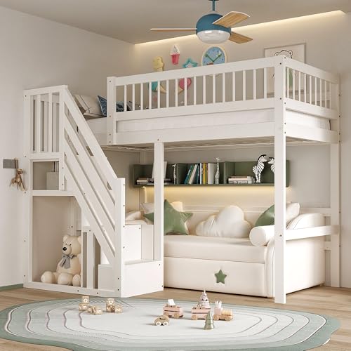 ANIROY Massivholzbett, Kinderbett Jugendbett Einzelbett mit Aufbewahrungstreppe, Stauraumbett Bettgestell mit Lattenrost, ohne Matratze (Weiß, 90 x 200) von ANIROY