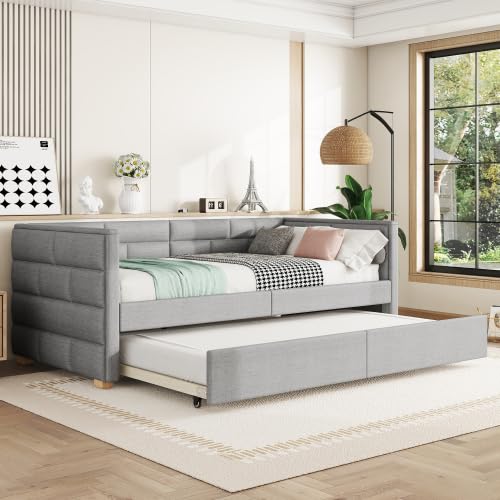 ANIROY Polsterbett 90x200cm, Daybett Tagesbett Sofabett Schlafsofa mit Ausziehbarem Bett, Minimalistisches Styling (Grau) von ANIROY