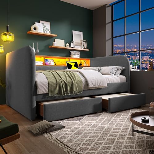 ANIROY Polsterbett, Tagesbett, Schlafsofa mit LED und USB-C Ladefunktion, Daybett mit 2 Schubladen und Stauraum-Kopfteil, Leinen, 140 x 190 cm (Ohne Matratze) von ANIROY