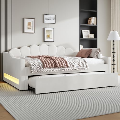 ANIROY Polsterbett 140x200cm, Daybett Tagesbett mit LED und Ausziehbett, Sofabett Doppelbett Plattformbettgestell mit Lattenrost, ohne Matratze (Beige) von ANIROY