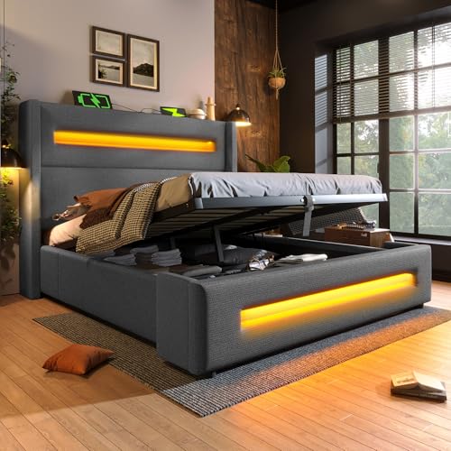 ANIROY Polsterbett 140x200cm, Doppelbett mit LED und USB Type-C Aufladen, Hydraulisch Stauraumbett, Jugendbett Metallbettrahmen mit Holzlatten, Leinen, Grau von ANIROY