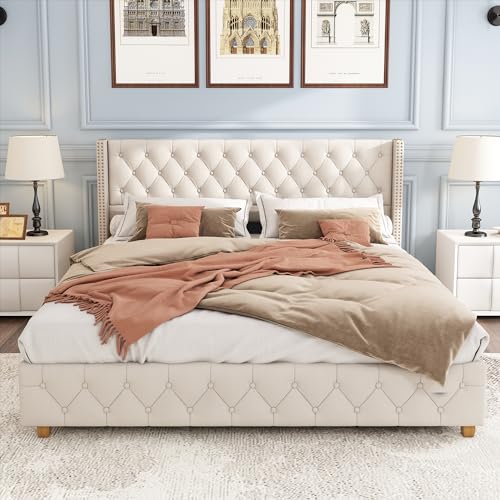 ANIROY Polsterbett 160x200cm mit Lattenrost und Kopfteil, Leinenstoff Flachbett mit Holzbeine, Doppelbett Bettgestell, Ohne Matratze, Beige ANIROY Polsterbett 160x200cm mit Lattenrost und Kopfteil, Leinenstoff Flachbett mit Holzbeine, Doppelbett Bettgestell, Ohne Matratze, Beige von ANIROY