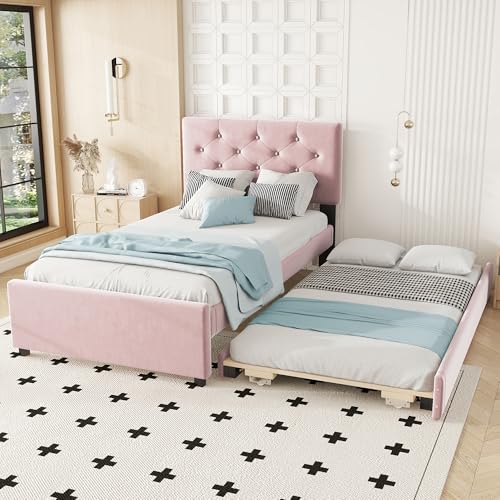 ANIROY Polsterbett 90x200cm, Kinderbett Flache Bett mit Ausziehbett, Jugendbett Bettgestell mit Lattenrost & Rollcontainer, ohne Matratze, Samt (Rosa, 90 x 200) von ANIROY