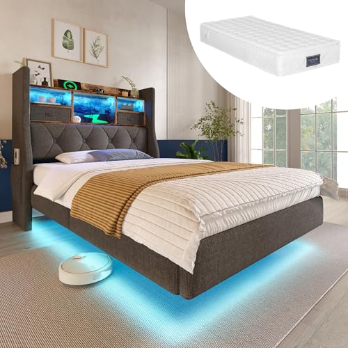 ANIROY Polsterbett 90x200cm, Schwebebett mit LED, Kopfteil und Ladestation, Modern Einzelbett Stauraumbett Bettgestell mit Stauraum-Kopfteil und Lattenrost, Mit Matratze, Leinen, Grau ANIROY Polsterbett 90x200cm, Schwebebett mit LED, Kopfteil und Ladestation, Modern Einzelbett Stauraumbett Bettgestell mit Stauraum-Kopfteil und Lattenrost, Mit Matratze, Leinen, Grau von ANIROY
