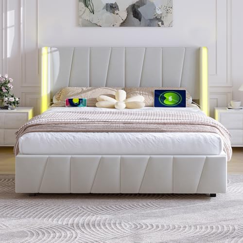 ANIROY Polsterbett Bettgestell 140x200cm, Doppelbett mit USB-Anschlüsse & Hydraulischem Stauraum, Modern Hydraulischem Stauraumbett Bettrahmen, ohne Matratze, Beige ANIROY Polsterbett Bettgestell 140x200cm, Doppelbett mit USB-Anschlüsse & Hydraulischem Stauraum, Modern Hydraulischem Stauraumbett Bettrahmen, ohne Matratze, Beige von ANIROY