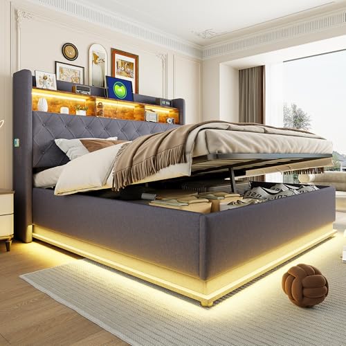ANIROY Polsterbett Doppelbett 180x200cm, Leinenstoff Stauraumbett mit LED & USB-Ladeanschluss & Hydraulischem Stauraum, Hydraulischem Stauraumbett, Ohne Matratze, Grau von ANIROY