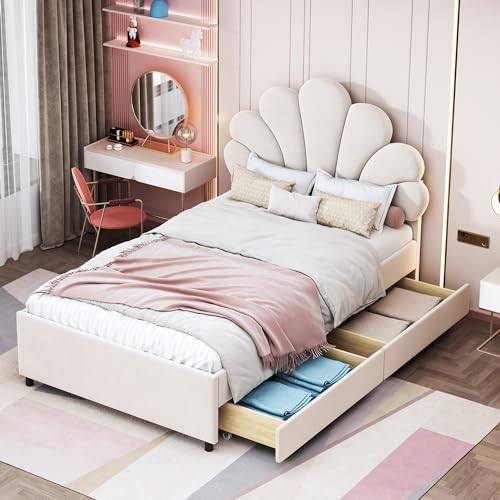 ANIROY Polsterbett Kinderbett, Plattformbett Bettgestell mit 2 Ablagefächern & Kopfteil & Lattenrost, Jugendbett Erwachsenenbett Gästebett Bettrahmen aus Samtstoff, ohne Matratze (Beige, 90 x 200) ANIROY Polsterbett Kinderbett, Plattformbett Bettgestell mit 2 Ablagefächern & Kopfteil & Lattenrost, Jugendbett Erwachsenenbett Gästebett Bettrahmen aus Samtstoff, ohne Matratze (Beige, 90 x 200) von ANIROY