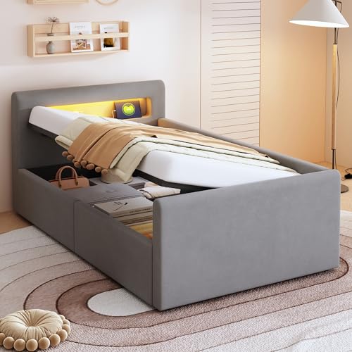 ANIROY Polsterbett Kinderbett 90x200cm, Einzelbett mit LED und USB-Ladeanschluss, Hydraulischem Stauraumbett, Juniorbett Gästebett Bettgestell mit Lattenrost & Stauraum & Regal, Samtstoff, Rosa ANIROY Polsterbett Kinderbett 90x200cm, Einzelbett mit LED und USB-Ladeanschluss, Hydraulischem Stauraumbett, Juniorbett Gästebett Bettgestell mit Lattenrost & Stauraum & Regal, Samtstoff, Rosa von ANIROY