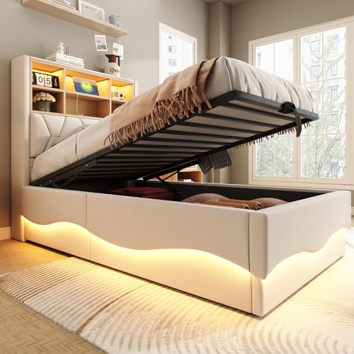 ANIROY Polsterbett Kinderbett 90x200cm, Einzelbett mit LED & USB-Ladeanschluss & Kopfteil mit Stauraum, Hydraulischem Stauraumbett Bettgestell mit Metall-Lattenrost, ohne Matratze, Beige von ANIROY