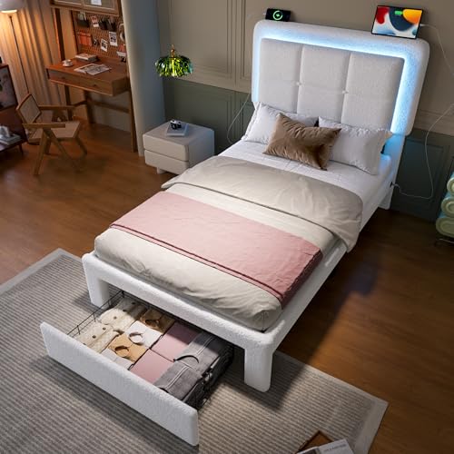ANIROY Polsterbett mit Stauraum & USB-Anschlüsse, Modernes Stauraumbett Bettgestell aus Eisen und Holz mit verstellbares Kopfteil & LED, Teddy-Samt, ohne Matratze (Weiß, 90 x 200) von ANIROY