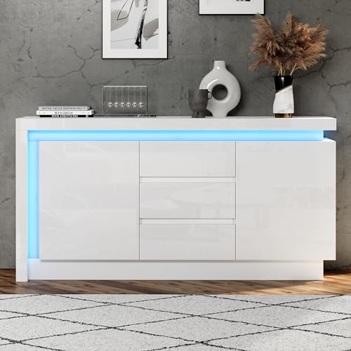 ANIROY Sideboard, Kommode Beistelltisch mit 3 Schubladen & 2 Türen, Hochglanz Sofa Beistellschrank mit LED & Verstellbaren Einlegeböden für Schlafzimmer, Wohnzimmer, 140 x 35 x 72cm, Weiß ANIROY Sideboard, Kommode Beistelltisch mit 3 Schubladen & 2 Türen, Hochglanz Sofa Beistellschrank mit LED & Verstellbaren Einlegeböden für Schlafzimmer, Wohnzimmer, 140 x 35 x 72cm, Weiß von ANIROY