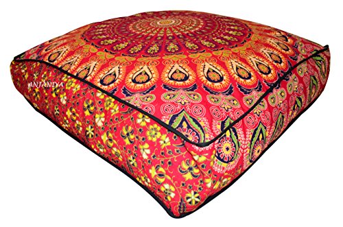 ANJANIYA 88,9 x 88,9 cm Mandala Bohemian Yoga Meditation großes quadratisches Hundebett Outdoor Boden Kissen Kissen Couch Sitzkissen Überwurf Hippie Deko Boho Indischer Ottomane (rot) von ANJANIYA