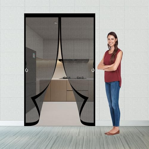 Fliegengitter Balkontür Magnet 138 x 184 cm Stärkere Magnete Fliegengitter Tür Ohne Bohren Magnet Fenster Fliegenvorhang für Schlafzimmer, Kinderzimmer, Schwarz von ANJIAJIE
