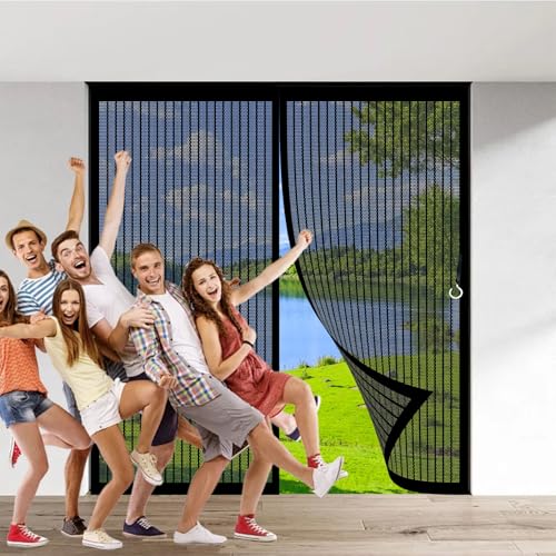 Fliegengitter Terrassentür Ohne Bohren 157 x 210 cm Stärkere Magnete Fliegengitter Tür Ohne Bohren Klettband Fenster für Schlafzimmer Kellertür Terrassentür, Schwarz von ANJIAJIE
