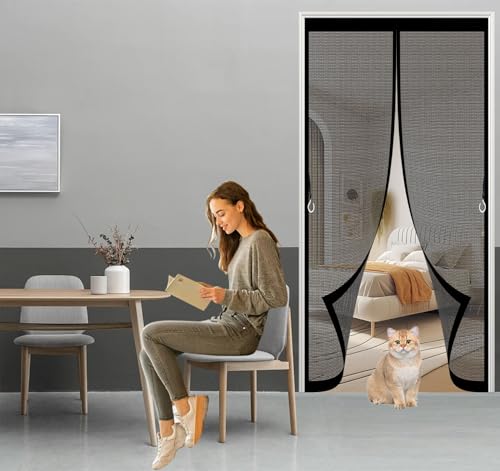 Fliegengitter Tür Magnet 136 x 234 cm Stärkere Magnete Fliegengitter Tür Ohne Bohren Magnetvorhang Fliegennetz Moskitonetz für Schlafzimmer Kellertür Terrassentür, Schwarz von ANJIAJIE