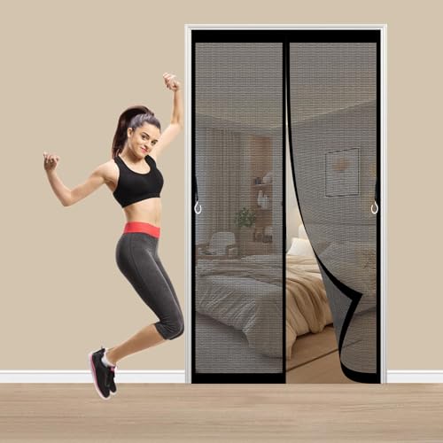 Fliegengitter Tür Magnet 83 x 220 cm Ohne Bohren mit Starken Magneten Selbstschließend Magnet Fliegengitter Balkontür Ohne Bohren für Schlafzimmer, Kinderzimmer, Schwarz von ANJIAJIE