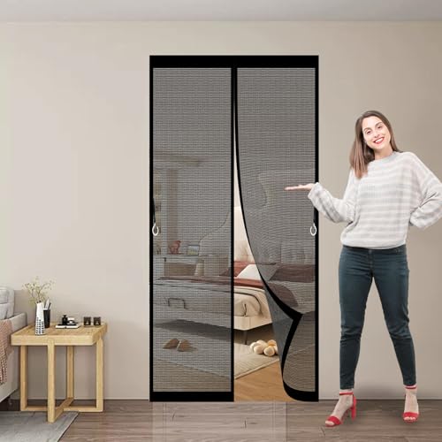 Fliegengitter Tür für Balkontüren 158 x 208 cm Ohne Bohren mit Starken Magneten Selbstschließend Mückennetz Fliegengitter Balkontür für Balkontür Wohnzimmer Terrassentür, Schwarz von ANJIAJIE