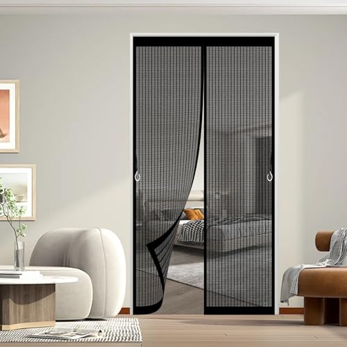 Fliegenvorhang Balkontür Magnet 88 x 204 cm Ohne Bohren mit Starken Magneten Selbstschließend Mückennetz Fliegengitter Balkontür für Wohnzimmer Terrassentür, Schwarz von ANJIAJIE