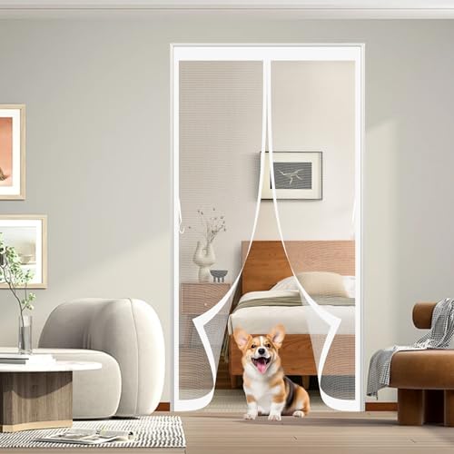 Magnet Fliegengitter Tür 78 x 205 cm Magnet Fliegengitter Lichtdurchlässig, Reißfest, Wetterfest, Langlebig Polyester Atmungsaktiver Masche für Schlafzimmer, Kinderzimmer, Weiß von ANJIAJIE