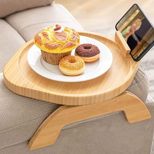 ANJIAOSHOU Sofa Armlehne Tablett aus Holz, Sofa Armlehne Tablett Tisch mit drehbarem mobilem Ständer, Clip-on Sofatablett Tisch für breite Sofas, Faltbares Sofa Armlehne Tablett zum Essen und Trinken von ANJIAOSHOU