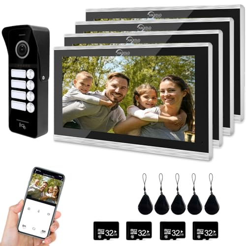 1080P Video-Türsprechanlage (verkabelte Türklingel), 4-Familien-Türklingel, 10-Zoll-Touchscreen-Display, Entriegelungsunterstützung, Zwei-Wege-Sprechanlage von ANJIELO SMART