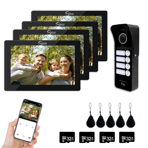 1080P Video-Türsprechanlage (verkabelte Türklingel), 4-Familien-Türklingel, 7-Zoll-Touchscreen-Display, Entriegelungsunterstützung, Zwei-Wege-Sprechanlage (schwarz) von ANJIELO SMART