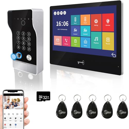 1080P Video-Türsprechanlage Wohnungstürklingel Gegensprechanlage,10 Zoll verdrahtet Touch Screen Monitor, 5 in 1 Wireless Tuya WiFi Unlock, Unterstützung Fingerabdruck, RFID (1 Türklingel+1 Monitor) von ANJIELO SMART