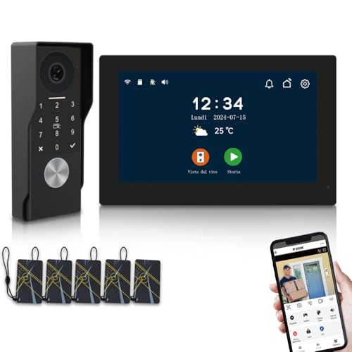 2-Draht-Video-Türsprechanlage für Wohnung,7-Zoll-Touchscreen mit Nachtsicht-Unterstützung,4 in 1 Entriegelung, Zwei-Wege-Sprechanlage für Villen nach Hause (1 schwarze Türklingel+1 schwarze Montor) von ANJIELO SMART