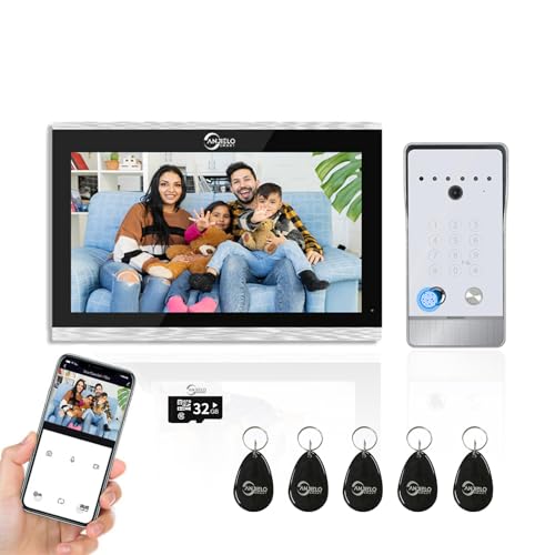 Tuya Video Türklingel Wohnung Gegensprechanlage, WiFi 10-Zoll-Touchscreen-Monitor mit Wired 1080P Türklingel, 5 in 1 Unlock, Unterstützung Fingerabdrücke, RFID-Karten, Passwörter, für Home Villa, Weiß von ANJIELO SMART