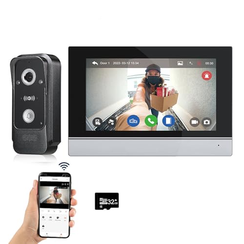 Verdrahtete Video-Gegensprechanlage Tuya WiFi 7 Zoll Touchscreen 1080P Türklingel Intelligent Tuya APP Sprechanlage mit Bewegungserkennung, Anti-Tamper Alarm, 32G (1 Türklingel+1 Monitor) von ANJIELO SMART