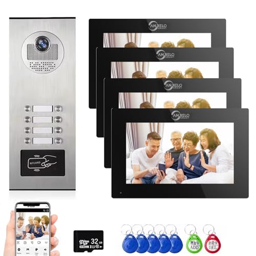 Verdrahtete Video-Sprechanlage für Wohnungen,1080P Video-Türklingel,6 Einheiten 7-Zoll-Touch-Monitor Video-Türsprechanlage für Innen und Außen, Bewegungserkennung,tuya (1-8 Türklingel + 4 Monitor) von ANJIELO SMART