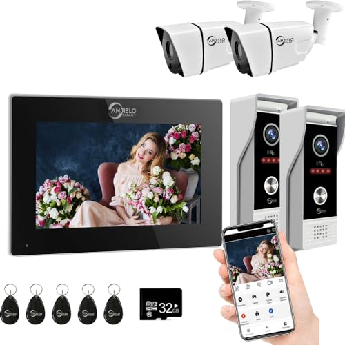 Verdrahtete Video-Türklingel-Wohnungs-Gegensprechanlage,1080P Türklingel und HD-Kamera,7-Zoll-Voll-Touch-Monitor-System,TUYA WiFi Smart Home Video-Gegensprechanlage (2 Türklingel+1 Monitor+2 Kamera) von ANJIELO SMART