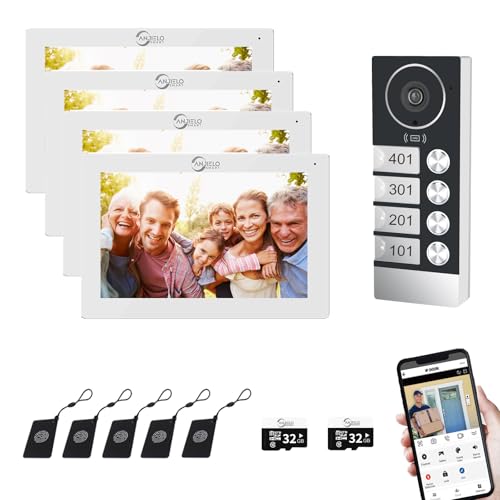 Verdrahtete Wohnung Video-Türsprechanlage, 4 Einheiten 7-Zoll-Touch-Monitor, 3 in 1 Entriegelung, Dual Way Intercom Tuya für Home Vally (weiß) von ANJIELO SMART